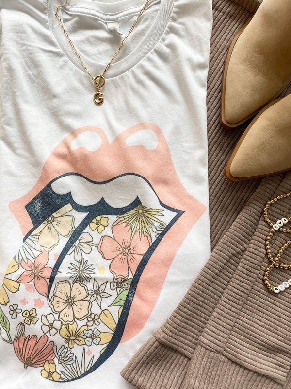 Peach lips floral tongue white tee