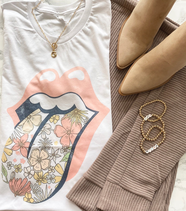 Peach lips floral tongue white tee